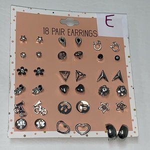 18 Pairs Fashion Earrings Set Ear Stud Jewelry Variety of Syles Silver  E